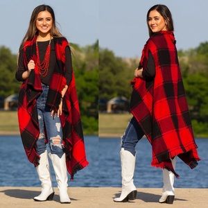 Plaid Sleeveless Long Ruana with Fringe Layers | Red • Black • Navy • Burgundy